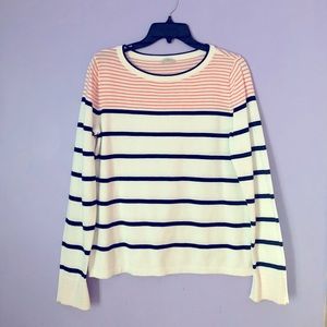 TALBOTS-WHITE SWEATER W/NAVY-PINK STRIPE WITH PINK STRIPE ACCENT ON CUFF